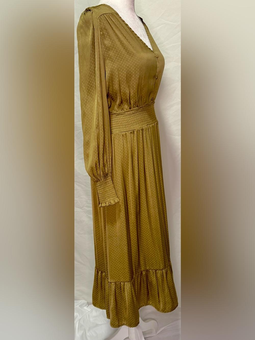 By the River Olive Green pleated Swiss Dot midi dress long sleeve Small